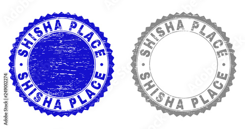 Grunge SHISHA PLACE stamp seals isolated on a white background. Rosette seals with grunge texture in blue and gray colors. Vector rubber stamp imprint of SHISHA PLACE title inside round rosette.