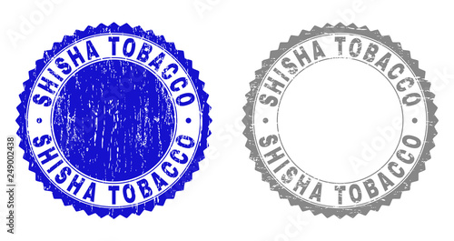 Grunge SHISHA TOBACCO stamp seals isolated on a white background. Rosette seals with distress texture in blue and grey colors.