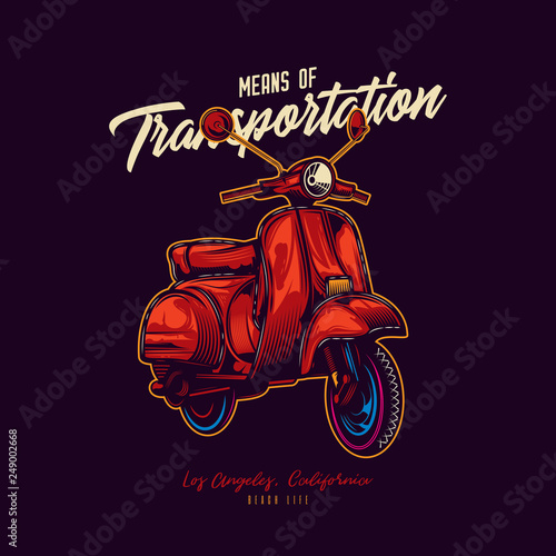 Original vector illustration of a scooter in neon style. Transport vehicle