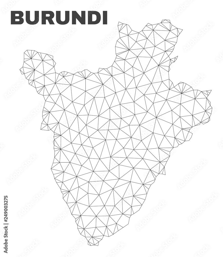Abstract Burundi map isolated on a white background. Triangular mesh model in black color of Burundi map. Polygonal geographic scheme designed for political illustrations.
