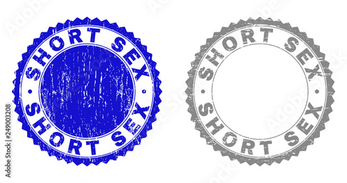 Grunge SHORT SEX stamp seals isolated on a white background. Rosette seals with grunge texture in blue and grey colors. Vector rubber stamp imitation of SHORT SEX label inside round rosette.