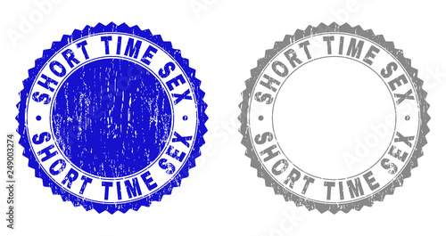 Grunge SHORT TIME SEX watermarks isolated on a white background. Rosette seals with grunge texture in blue and grey colors. Vector rubber stamp imprint of SHORT TIME SEX label inside round rosette.