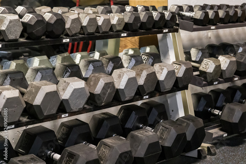 Multiple free weights on a rack in a gym.
