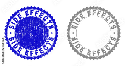 Grunge SIDE EFFECTS stamp seals isolated on a white background. Rosette seals with grunge texture in blue and gray colors. Vector rubber stamp imprint of SIDE EFFECTS text inside round rosette.