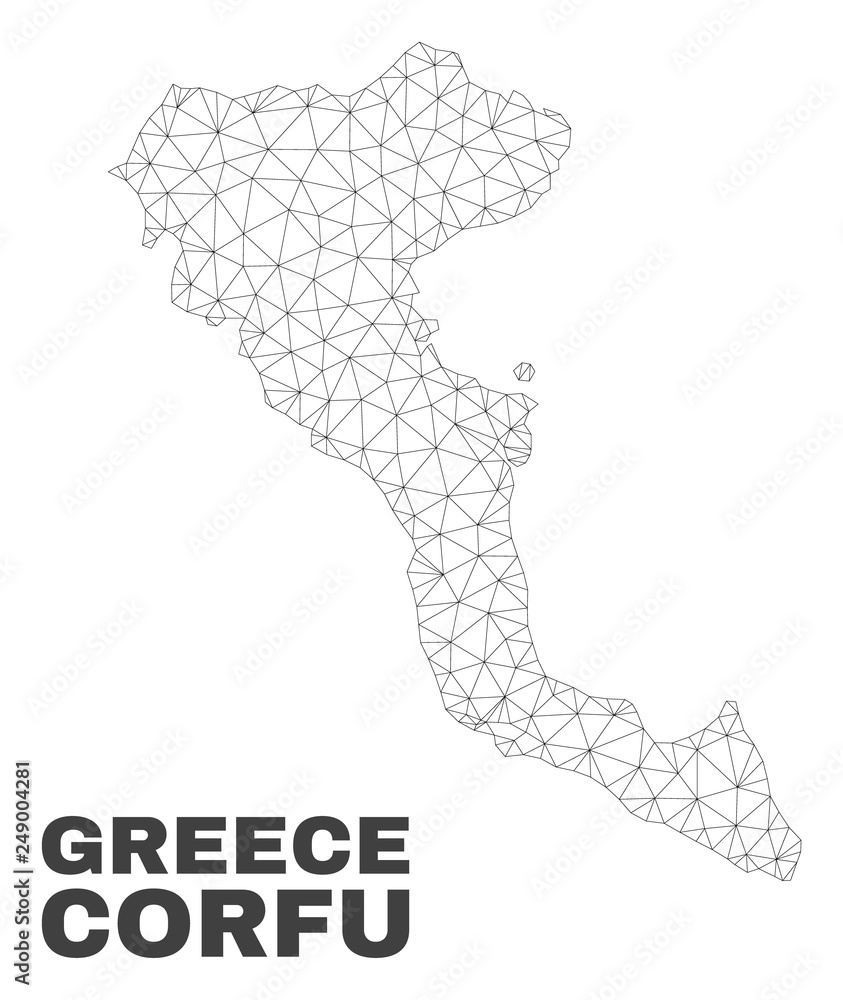 Abstract Corfu Island map isolated on a white background. Triangular mesh model in black color of Corfu Island map. Polygonal geographic scheme designed for political illustrations. Abstract Corfu Island map isolated on a white background. Triangular mesh model in black color of Corfu Island map. Polygonal geographic scheme designed for political illustrations.
