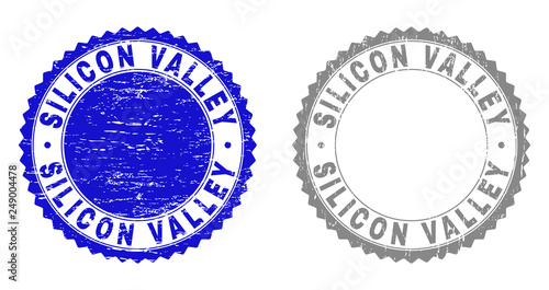 Grunge SILICON VALLEY stamp seals isolated on a white background. Rosette seals with grunge texture in blue and grey colors. Vector rubber watermark of SILICON VALLEY tag inside round rosette.