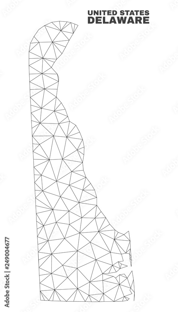 Abstract Delaware State map isolated on a white background. Triangular mesh model in black color of Delaware State map. Polygonal geographic scheme designed for political illustrations. Abstract Delaware State map isolated on a white background. Triangular mesh model in black color of Delaware State map. Polygonal geographic scheme designed for political illustrations.