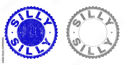 Grunge SILLY stamp seals isolated on a white background. Rosette seals with grunge texture in blue and grey colors. Vector rubber stamp imprint of SILLY tag inside round rosette.
