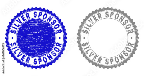 Grunge SILVER SPONSOR stamp seals isolated on a white background. Rosette seals with grunge texture in blue and gray colors. Vector rubber stamp imprint of SILVER SPONSOR text inside round rosette.