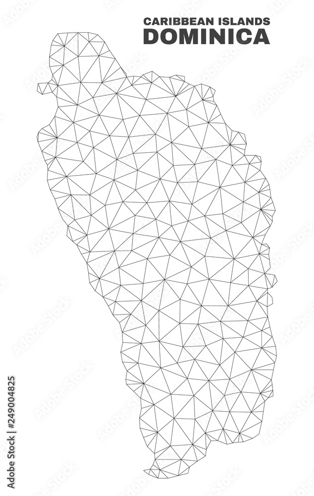 Abstract Dominica Island map isolated on a white background. Triangular mesh model in black color of Dominica Island map. Polygonal geographic scheme designed for political illustrations. Abstract Dominica Island map isolated on a white background. Triangular mesh model in black color of Dominica Island map. Polygonal geographic scheme designed for political illustrations.