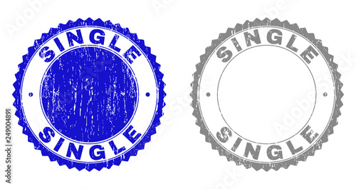 Grunge SINGLE stamp seals isolated on a white background. Rosette seals with distress texture in blue and gray colors. Vector rubber stamp imitation of SINGLE title inside round rosette.