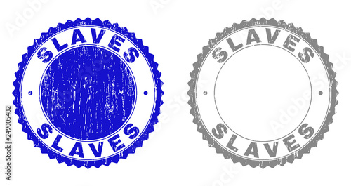 Grunge SLAVES stamp seals isolated on a white background. Rosette seals with distress texture in blue and gray colors. Vector rubber stamp imprint of SLAVES caption inside round rosette.