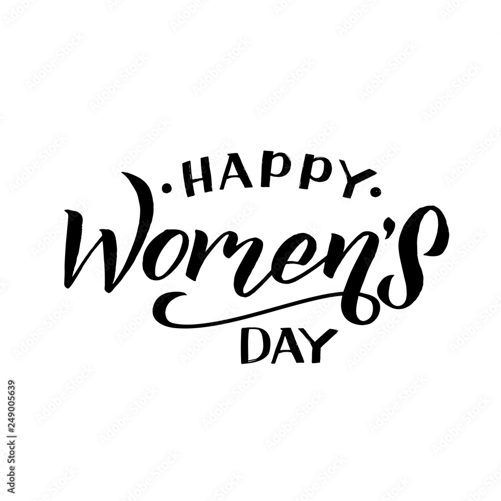Happy Woman’s Day calligraphy design on square white background. Vector illustration. Woman’s Day greeting calligraphy design in black colors. Template for a poster, cards, banner. - Vector