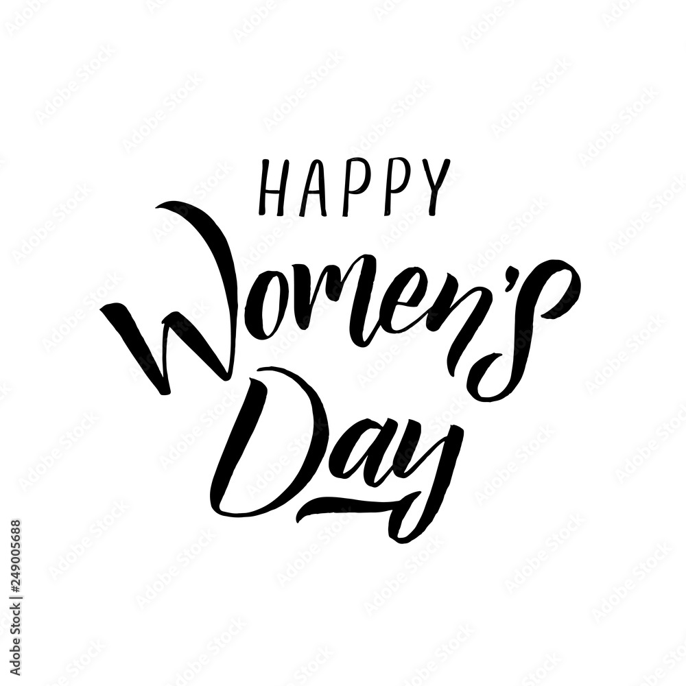 Obraz premium Happy Woman’s Day calligraphy design on square white background. Vector illustration. Woman’s Day greeting calligraphy design in black colors. Template for a poster, cards, banner. - Vector