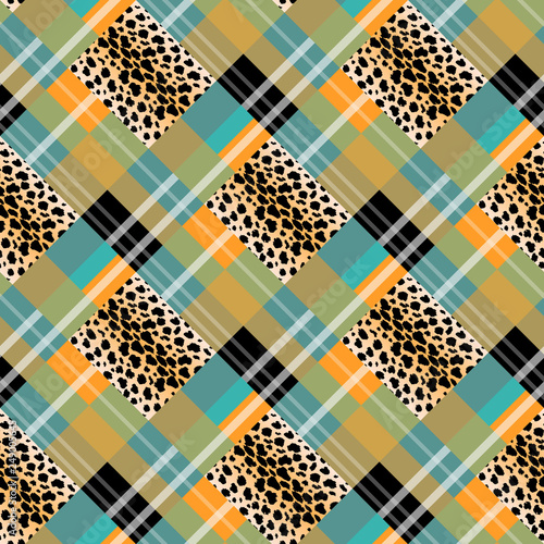 Scottish tartan grunge seamless pattern leopard spots. tartan with leopard style. eps 10.