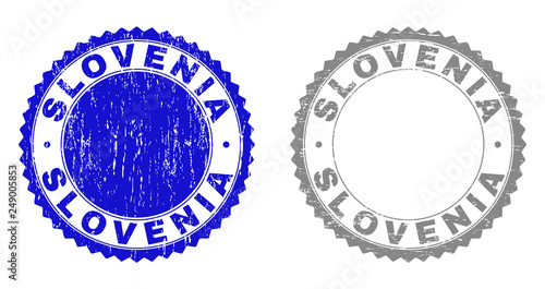 Grunge SLOVENIA stamp seals isolated on a white background. Rosette seals with distress texture in blue and grey colors. Vector rubber stamp imprint of SLOVENIA title inside round rosette.
