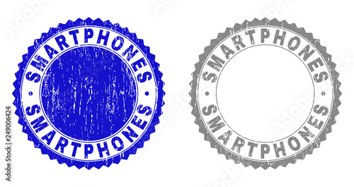 Grunge SMARTPHONES stamp seals isolated on a white background. Rosette seals with distress texture in blue and gray colors. Vector rubber stamp imprint of SMARTPHONES tag inside round rosette.
