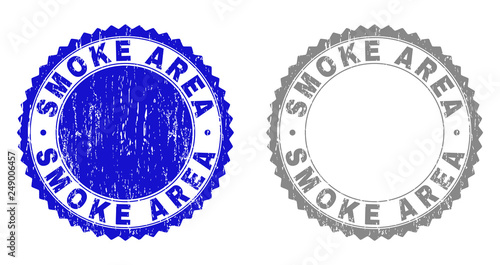Grunge SMOKE AREA stamp seals isolated on a white background. Rosette seals with grunge texture in blue and gray colors. Vector rubber stamp imitation of SMOKE AREA caption inside round rosette.