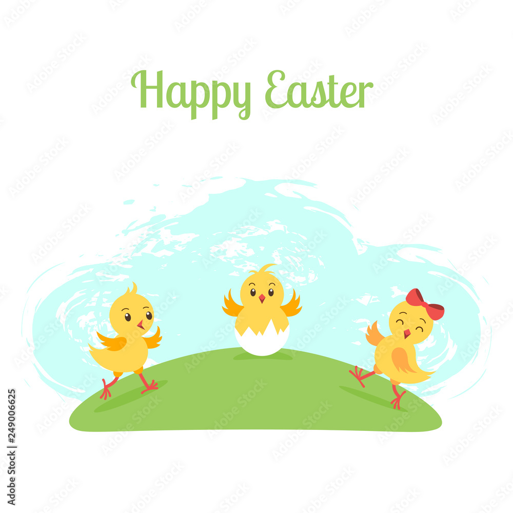 Fototapeta premium Three cartoon funny chicken on green meadow. Happy Easter greeting card template. Background, poster, banner.