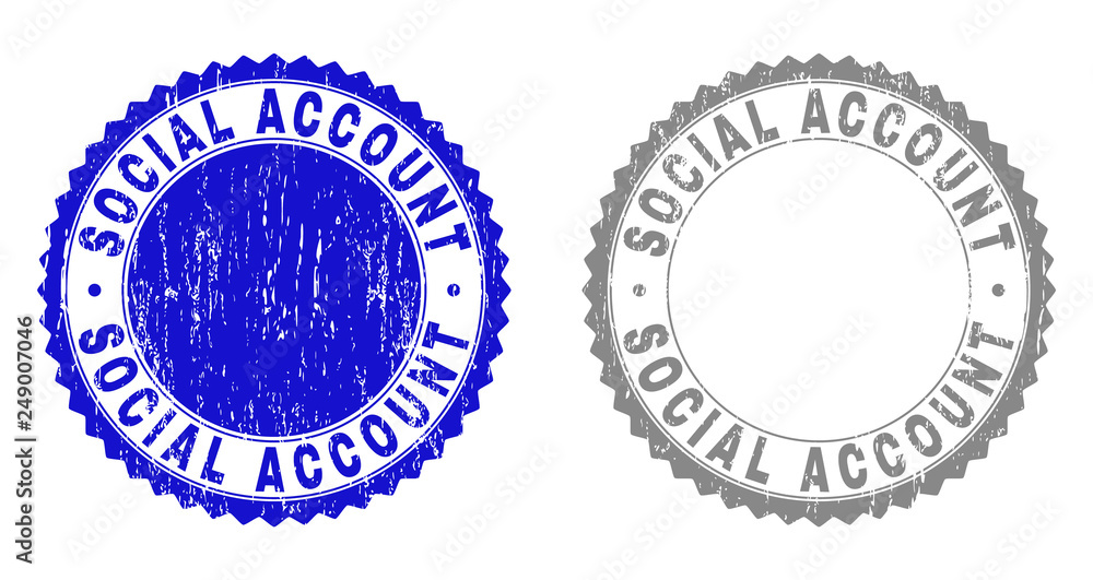 Grunge SOCIAL ACCOUNT stamp seals isolated on a white background. Rosette seals with grunge texture in blue and gray colors. Vector rubber stamp imitation of SOCIAL ACCOUNT label inside round rosette.