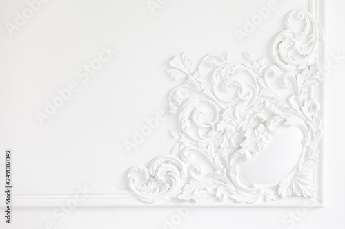 Beautiful ornate white decorative plaster mouldings in studio. The white wall is decorated with exquisite elements of plaster stucco