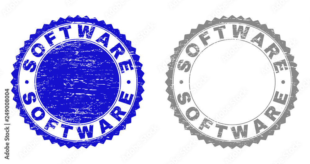 Fototapeta premium Grunge SOFTWARE stamp seals isolated on a white background. Rosette seals with distress texture in blue and gray colors. Vector rubber stamp imprint of SOFTWARE label inside round rosette.