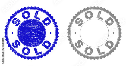 Grunge SOLD stamp seals isolated on a white background. Rosette seals with grunge texture in blue and grey colors. Vector rubber stamp imprint of SOLD caption inside round rosette.