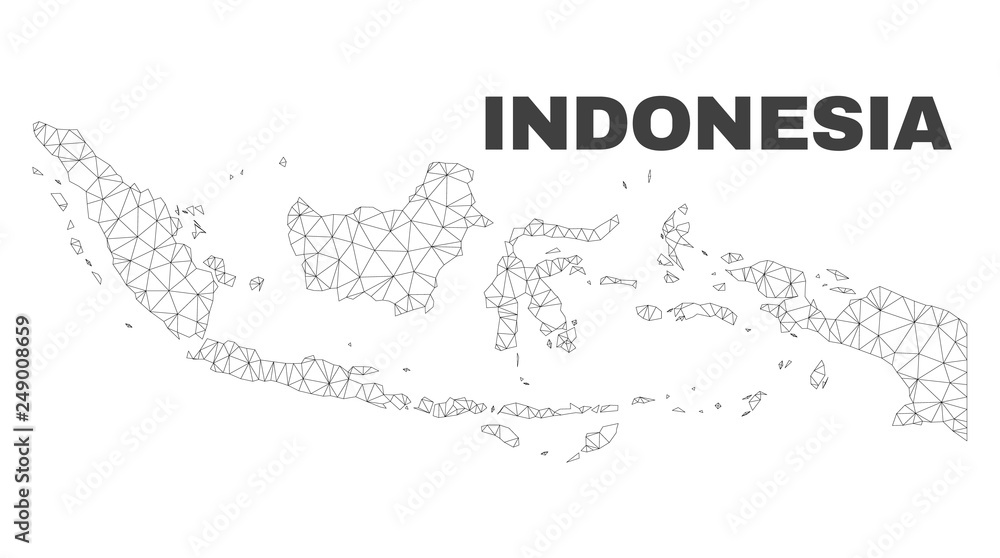 Abstract Indonesia map isolated on a white background. Triangular mesh model in black color of Indonesia map. Polygonal geographic scheme designed for political illustrations. Abstract Indonesia map isolated on a white background. Triangular mesh model in black color of Indonesia map. Polygonal geographic scheme designed for political illustrations.
