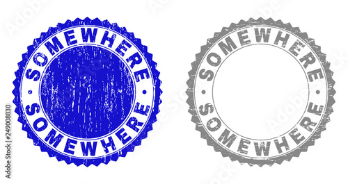 Grunge SOMEWHERE stamp seals isolated on a white background. Rosette seals with distress texture in blue and grey colors. Vector rubber stamp imprint of SOMEWHERE caption inside round rosette.