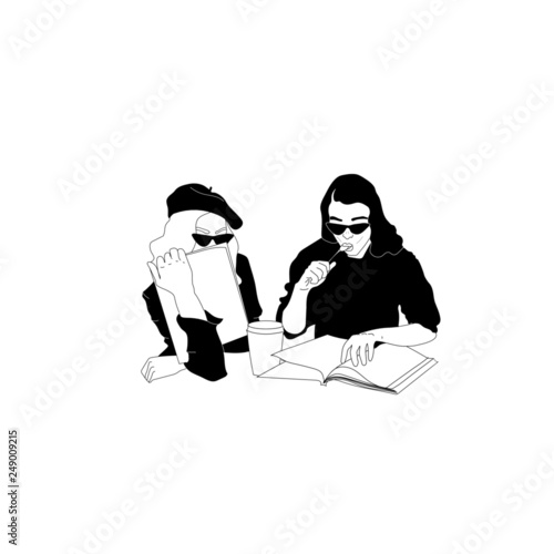 Hand drawn fashion vector illustration of a beautiful young women with sunglasses and black clothing with coffee or tea in coffee shop. Female cartoon characters isolated on white background.
