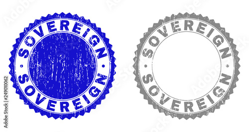 Grunge SOVEREIGN stamp seals isolated on a white background. Rosette seals with distress texture in blue and gray colors. Vector rubber stamp imprint of SOVEREIGN title inside round rosette.