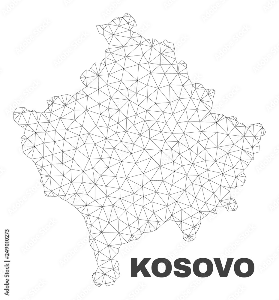 Abstract Kosovo map isolated on a white background. Triangular mesh model in black color of Kosovo map. Polygonal geographic scheme designed for political illustrations. Abstract Kosovo map isolated on a white background. Triangular mesh model in black color of Kosovo map. Polygonal geographic scheme designed for political illustrations.
