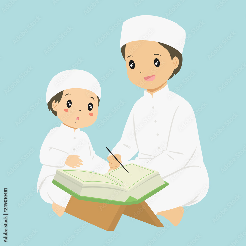Muslim boy learning to read Quran. a father teaching his son to read Quran, cartoon vector.