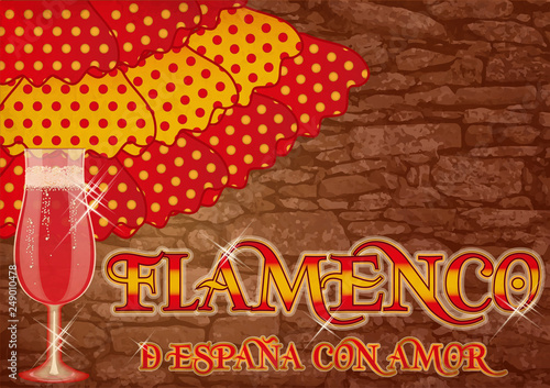 Flamenco. Translation is From Spain with Love. Festival party card with spanish wine, vector illustration