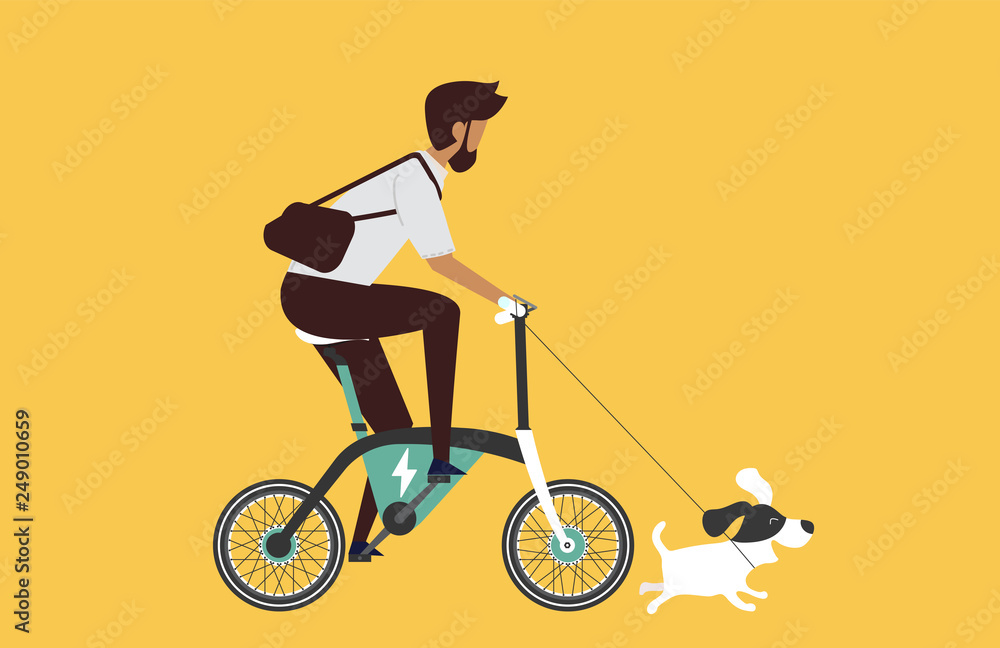 Cartoon picture with man riding fast modern electric bicycle. Enjoying futuristic bike ride and he's walking the dog. Flat style vector illustration. Yellow Background. Cartoon picture with man riding fast modern electric bicycle. Enjoying futuristic bike ride and he's walking the dog. Flat style vector illustration. Yellow Background.