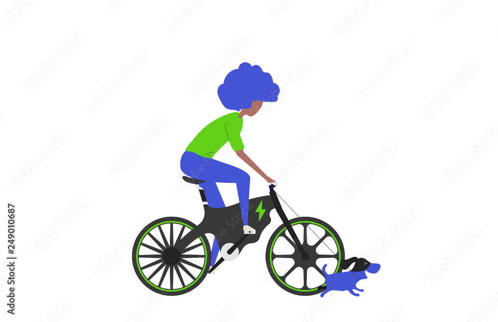 Cartoon picture with black woman riding fast modern electric bicycle and enjoying futuristic bike ride and he's walking the dog. Flat style vector illustration. White Background. Cartoon picture with black woman riding fast modern electric bicycle and enjoying futuristic bike ride and he's walking the dog. Flat style vector illustration. White Background.
