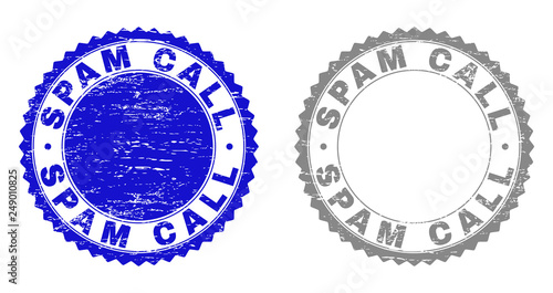 Grunge SPAM CALL stamp seals isolated on a white background. Rosette seals with grunge texture in blue and grey colors. Vector rubber stamp imitation of SPAM CALL text inside round rosette.