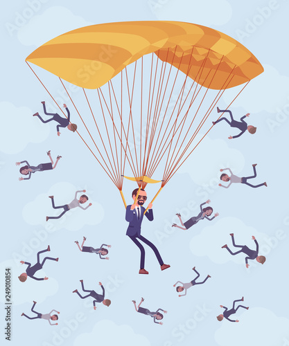 Golden parachute benefit for businessman. High level executive manager in dismissal receives large safe payment from company, employees falling down fired without protection, help. Vector illustration