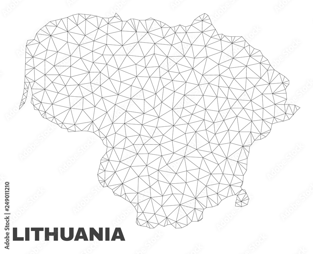 Abstract Lithuania map isolated on a white background. Triangular mesh model in black color of Lithuania map. Polygonal geographic scheme designed for political illustrations.
