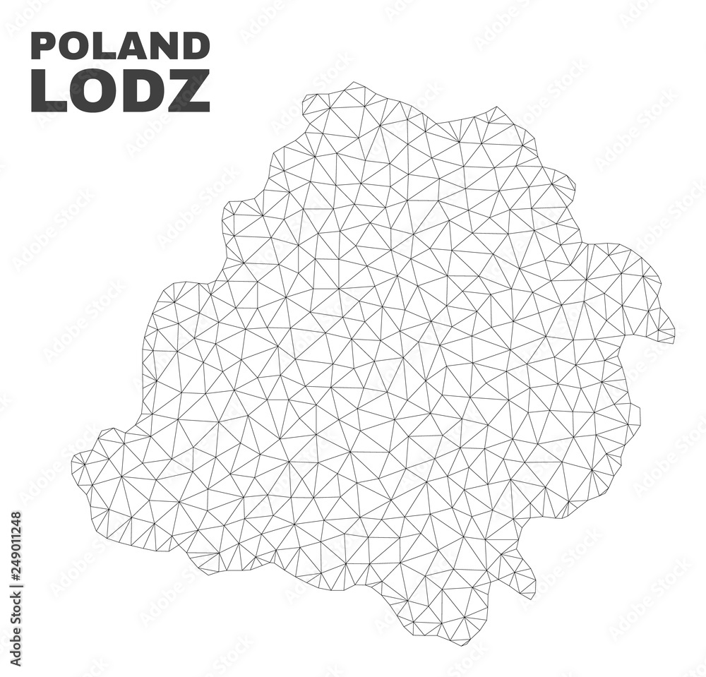 Abstract Lodz Voivodeship map isolated on a white background. Triangular mesh model in black color of Lodz Voivodeship map. Polygonal geographic scheme designed for political illustrations.