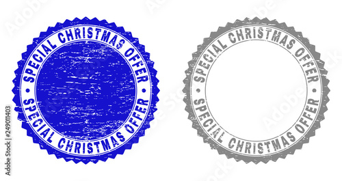 Grunge SPECIAL CHRISTMAS OFFER stamp seals isolated on a white background. Rosette seals with grunge texture in blue and gray colors.