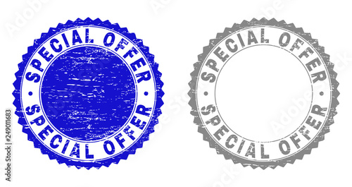 Grunge SPECIAL OFFER stamp seals isolated on a white background. Rosette seals with distress texture in blue and gray colors. Vector rubber stamp imitation of SPECIAL OFFER tag inside round rosette.