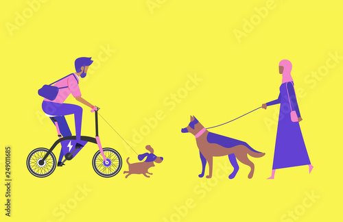 Cartoon picture with man riding fast modern electric bicycle. Enjoying futuristic bike ride and he's walking the dog and girl, arabian woman walking the dog. Flat style vector illustration.