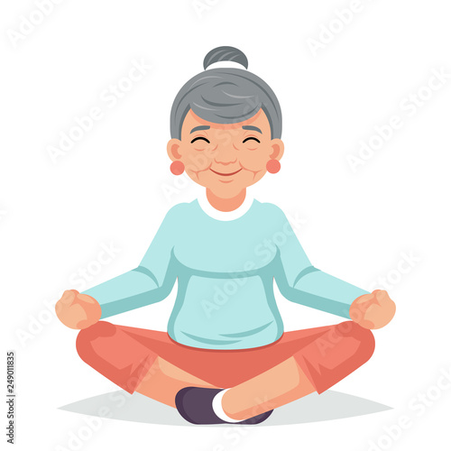 Adult healthy lifestyle fitness old woman grandmother yoga exercises happy senior cartoon character design vector illustration