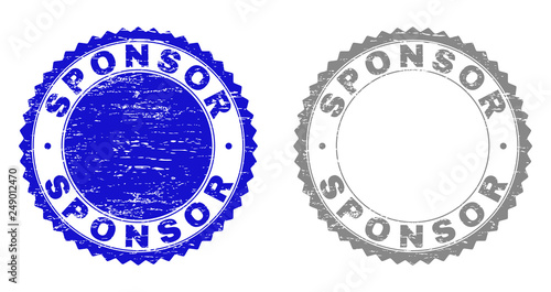 Grunge SPONSOR stamp seals isolated on a white background. Rosette seals with grunge texture in blue and gray colors. Vector rubber stamp imitation of SPONSOR label inside round rosette.