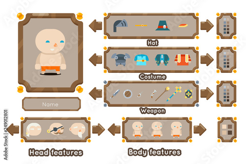 Game character generation interface weapons screen concept fantasy adventurer RPG flat design magic fairy tail template vector illustration