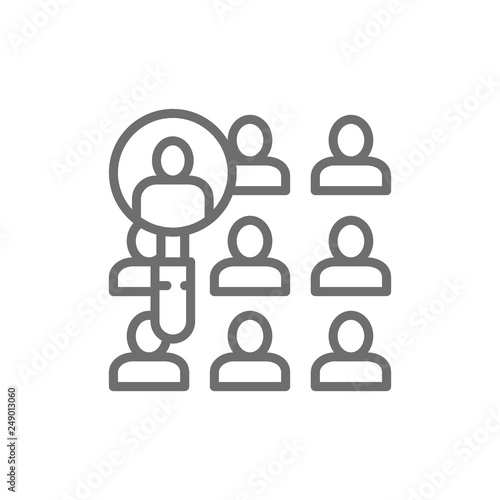 People under a magnifying glass, candidate search line icon.