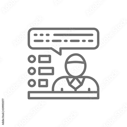Candidate talks about his political program, speaker with checklist line icon.