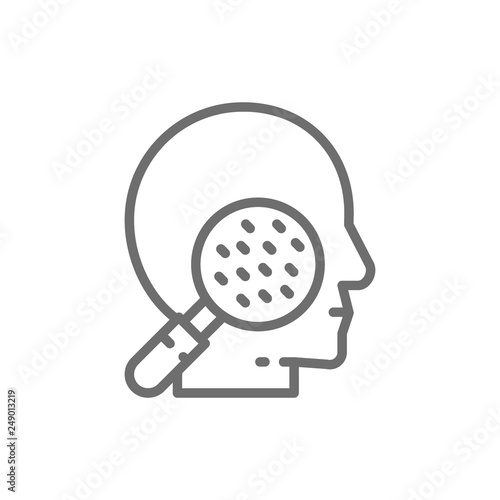 Face under magnifying glass, skin allergy, rashes, dermatitis line icon.
