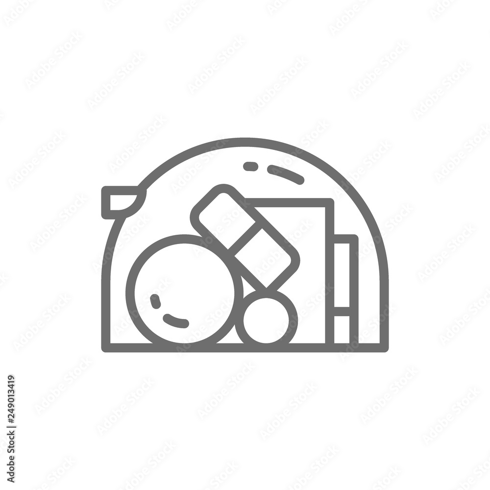 Transparent cosmetic bag, set of jars and tubes for body care line icon. Transparent cosmetic bag, set of jars and tubes for body care line icon.